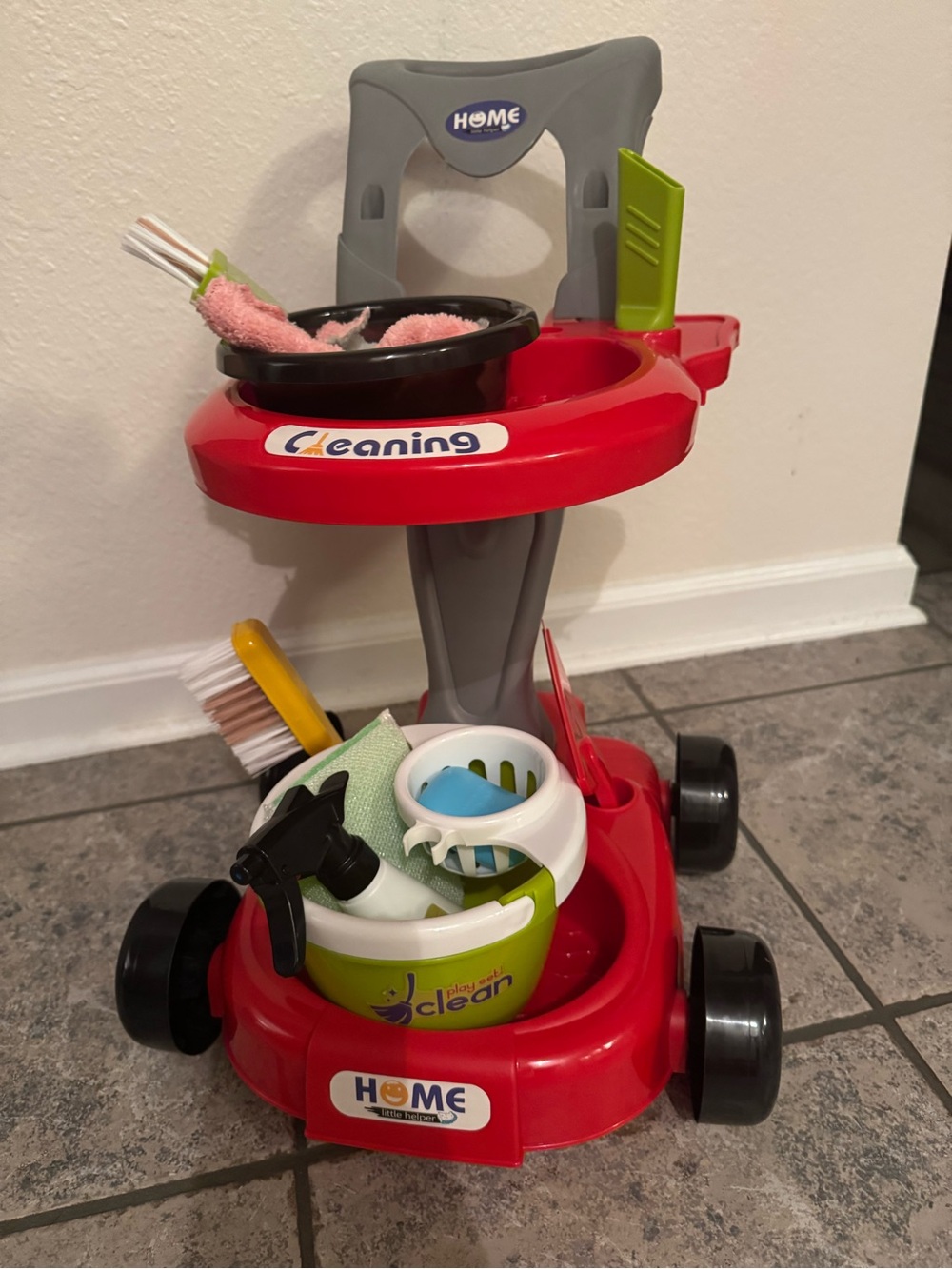 Kids Red and Gray Cleaning Playset Toy Cart